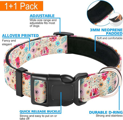 Reflective Dog Collar Padded with Soft Neoprene Breathable Adjustable Nylon Dog Collars for Small Medium Large Dogs (Medium (Pack of 1), Vanila/Pink Floral Collar+Leash) ladoogo