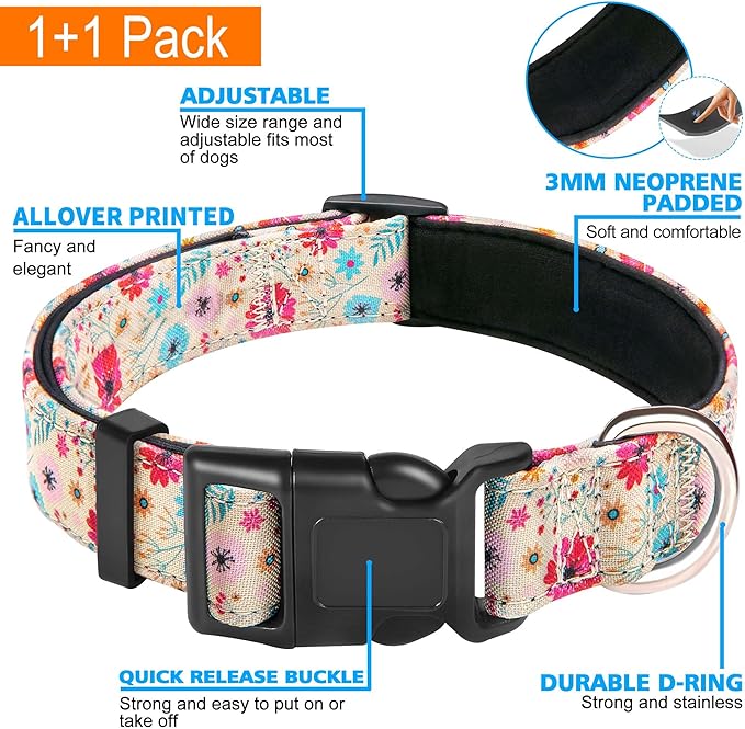 Reflective Dog Collar Padded with Soft Neoprene Breathable Adjustable Nylon Dog Collars for Small Medium Large Dogs (Small (Pack of 1), Vanila/Pink Floral Collar+Leash) ladoogo