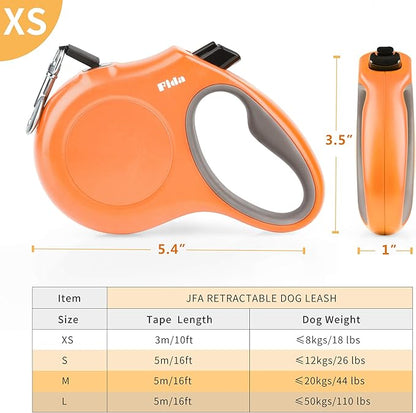 Fida Retractable Dog Leash, 10ft Heavy Duty Pet Walking Leash for X-Small Dogs or Cat up to 18 lbs, Tangle Free. One-Hand Brake (X-Small, Orange) - PAWPICO