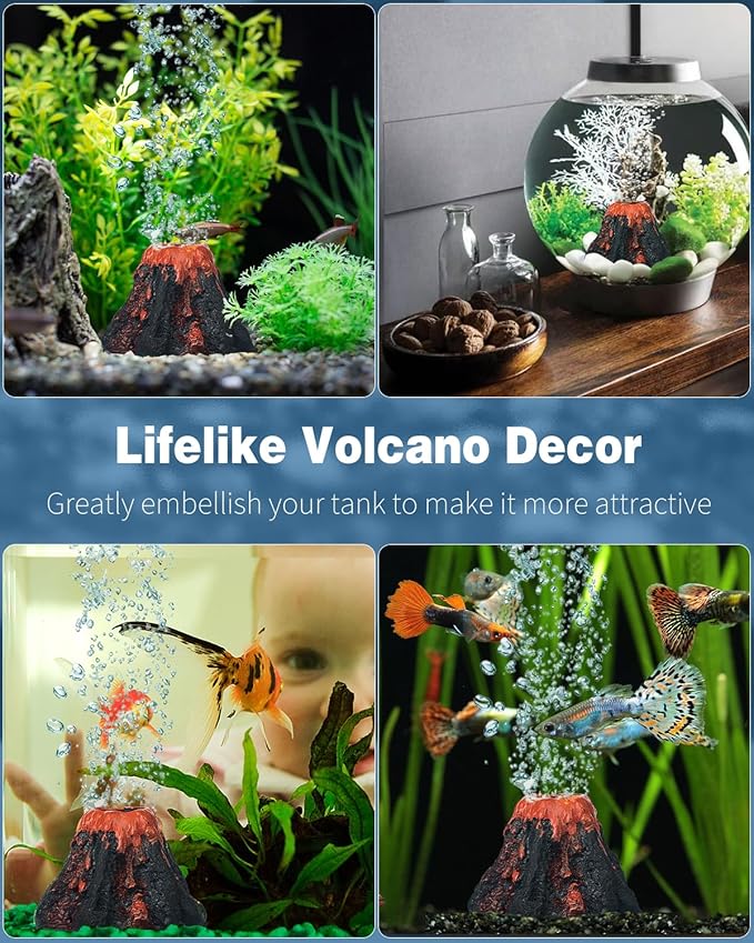 Uniclife Aquarium Volcano Ornament Kit Fish Tank Decoration Mini Resin Volcanic Decor for Fish Tank Landscape Realistic Mountain with Air Stone Bubbler Airline Tubing Accessories for Oxygenation UnicLife