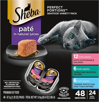 SHEBA Perfect Portions Paté Wet Cat Food Trays (24 Count, 48 Servings), Signature Seafood Entrée, Easy Peel Twin-Pack Trays - PAWPICO