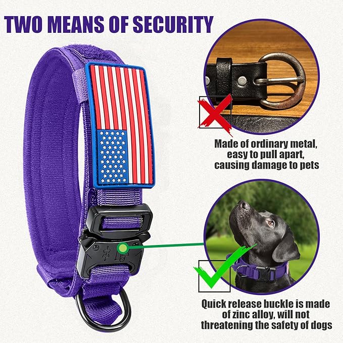 Tactical Dog Collar Military Dog Collar Adjustable Nylon Dog Collar Heavy Duty Metal Buckle with Handle for Dog Training,with Patches(Purple, M) Celifelight