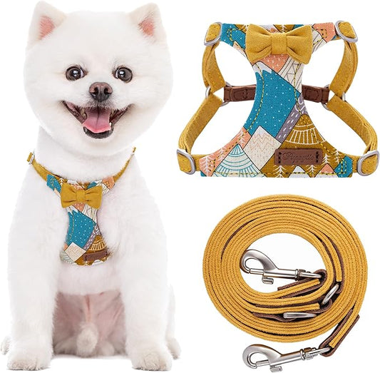 Puppytie No Pull xs Dog Harness with Multifunction Dog Leash,Soft Adjustable No Choke Escape Proof Pet Harness Vest,Suede Bow Yellow,XS Puppytie