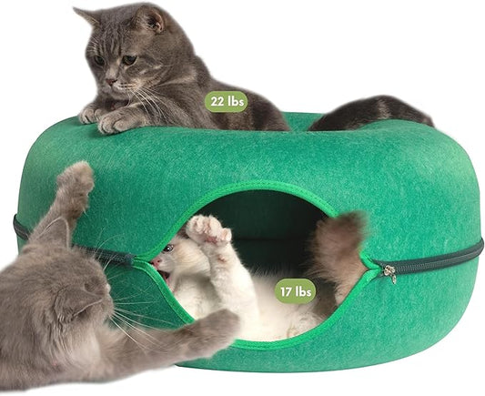 CATTASAURUS Peekaboo Cat Cave for Multiple & Large Cats Up to 30-45 Lbs, Scratch Detachable & Washable Tunnel Bed, Comfy Donut Cat Cave (Forest Green, Large) - PAWPICO