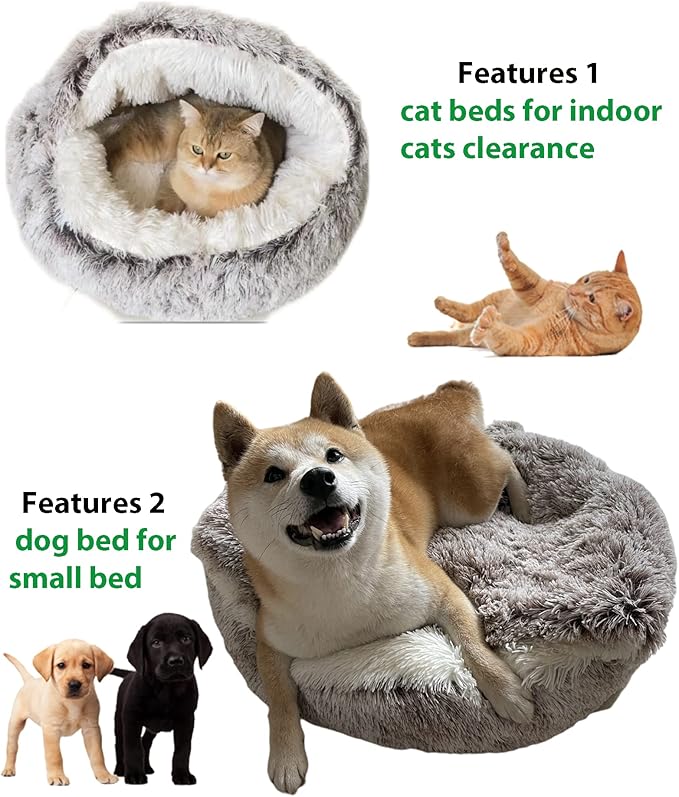 ShinHye Cat Bed Round Plush Fluffy Hooded Cat Bed Cave, Cozy for Indoor Cats or Small Dog beds, Soothing Pet Beds Dog Cave Bed - Waterproof Bottom Washable, (26×26inch, Grey) - PAWPICO