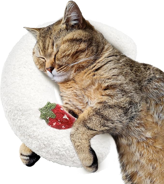 ucho Pillow for Cats, Ultra Soft Fluffy Pet Calming Toy Half Donut Cuddler, U-Shaped Pillow for Pet Cervical Protection Sleeping Improve - White ucho