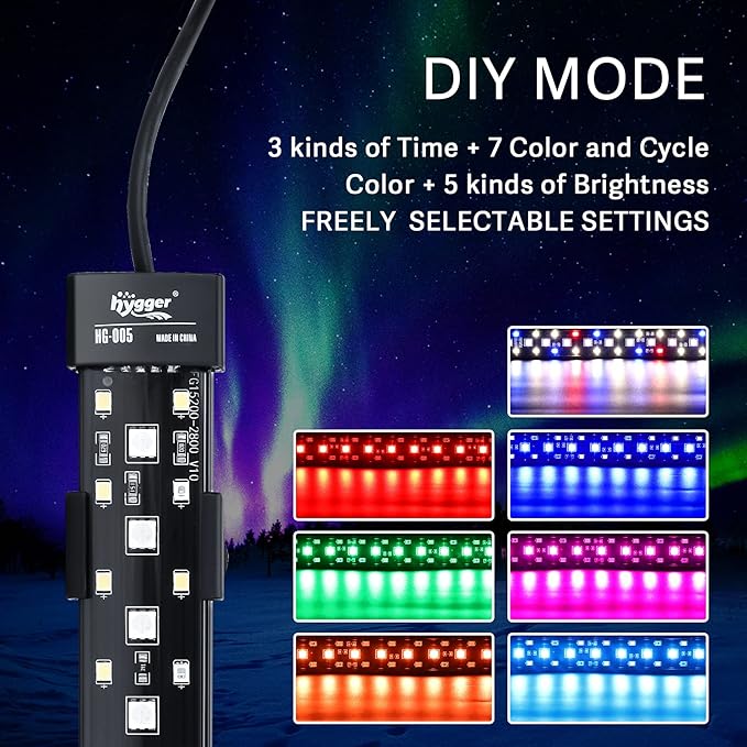 hygger 24/7 Mode Submersible Aquarium LED Light, Full Spectrum Hidden Fish Tank Light with 3 Rows Beads 7 Colors Auto On Off Sunrise-Daylight-Moonlight, Adjustable Timer Brightness 8W hygger