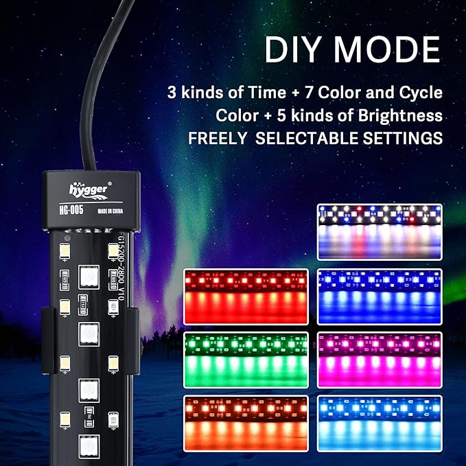 hygger 24/7 Mode Submersible Aquarium LED Light, Full Spectrum Hidden Fish Tank Light with 3 Rows Beads 7 Colors Auto On Off Sunrise-Daylight-Moonlight, Adjustable Timer Brightness 6W hygger
