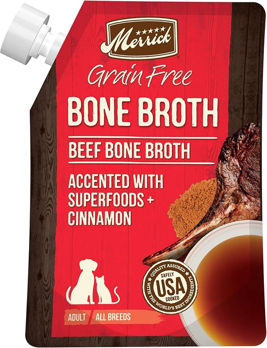 Merrick Grain Free Bone Broth, Premium Human Grade And Gluten Free Dog And Cat Food Topper Pouches, Beef - 16 oz. Pouch - PAWPICO