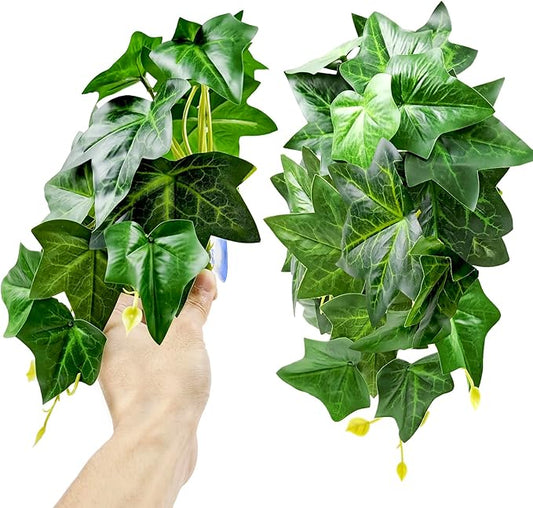 Woyrise Reptile Plants for Terrarium, Artificial Hanging Plants with Suction Cups, Amphibian Tank Habitat Decor Plastic Plant for Bearded Dragons Lizards Snake Geckos Frogs - 2Pack Green Ivy Woyrise