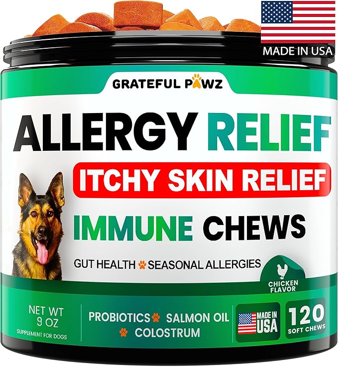 Dog Allergy Relief Chews - Dog Itch Relief - Probiotics, Omega 3 Fish Oil + Colostrum - Itchy Skin Relief - Seasonal Allergies - Anti Itch Support & Hot Spots - Immune Health Supplement - Made in USA GratefulPawz