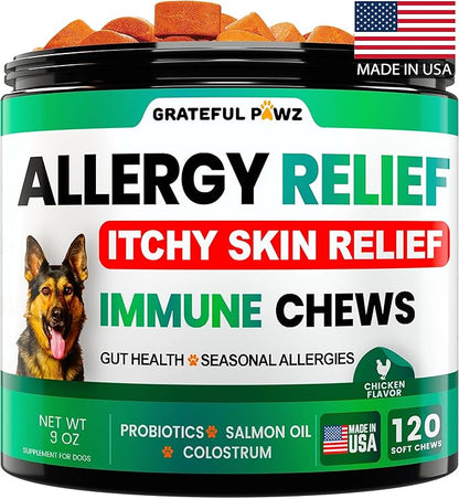 Dog Allergy Relief Chews - Dog Itch Relief - Probiotics, Omega 3 Fish Oil + Colostrum - Itchy Skin Relief - Seasonal Allergies - Anti Itch Support & Hot Spots - Immune Health Supplement - Made in USA GratefulPawz