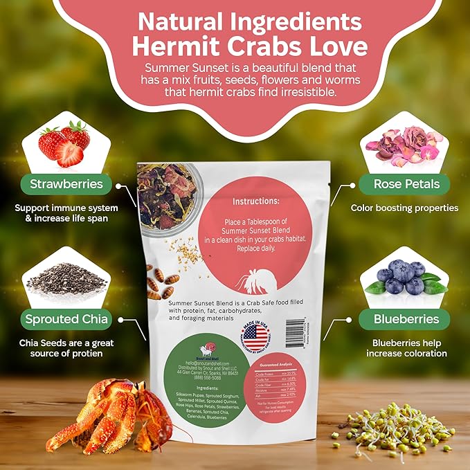 Snout and Shell - Summer Sunset Hermit Crab Food - 1 oz - 30 Grams - Whole Food Diet for Hermit Crabs - Flowers, Bugs and More SNOUTANDSHELL