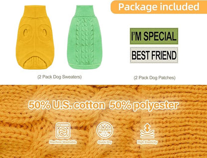 2 Pack Dog Sweaters for Small Dogs - Puppy Medium Warm Clothes in Winter, Turtleneck Pullover Design for Boy Girl Pet, Doggie, Cat, Kitten Chihuahua Bulldog Pug Beagles (S, Yellow, Green) - PAWPICO