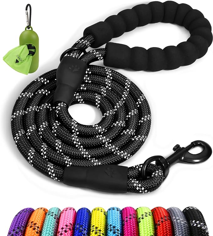 Taglory Rope Dog Leash 4 FT with Comfortable Padded Handle, Highly Reflective Threads Leash for Small Dogs, 3/8 inch, Black Taglory