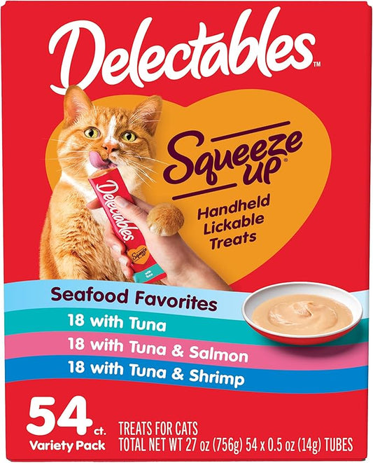 Delectables Squeeze Up Seafood Variety Pack, Creamy Squeezable Puree, Lickable Wet Cat Treats, Grain Free, No Added Fillers, No by-Products, No Added Preservatives, 0.5 Ounces Tube, 54 Tubes Total Hartz