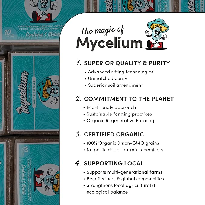 Mycelium Organic Coco Coir Brick 10lbs - Ideal for Mushroom Cultivation Mushroom Substrate - OMRI Certified, Expands with Water, Eco-Friendly Soil Alternative Mycelium