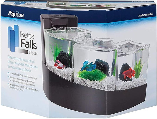 Aqueon Betta Falls 3 Section Aquarium Fish Tank With QuietFlow Power Filtration, Black Aqueon