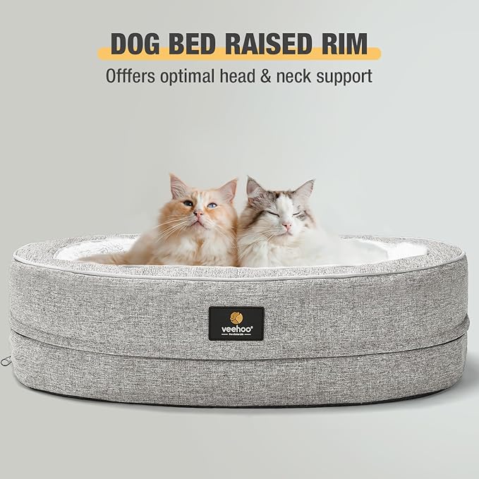 Veehoo Orthopedic Cat Bed for Indoor Cats, Oval Washable Cat Bed with Egg Crate Foam Support, Indoor Donut Puppy Cat Bed Bolster Dog Bed with Removable Cover & Non-Slip Bottom, Light Gray - PAWPICO