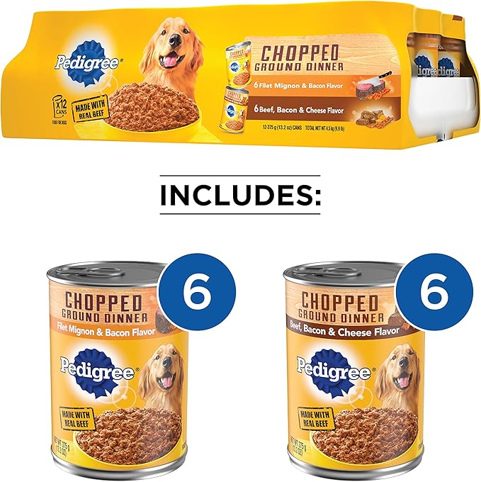 PEDIGREE CHOPPED GROUND DINNER Adult Canned Soft Wet Dog Food, Variety Pack, Filet Mignon & Bacon Flavor and Beef, Bacon & Cheese Flavor, (12) 13.2 oz. Cans - PAWPICO