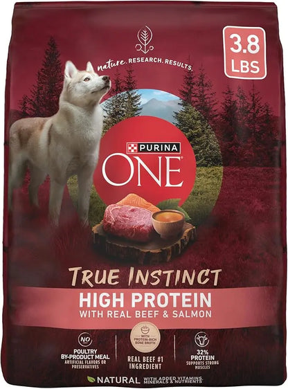 Purina ONE Natural High Protein Dry Dog Food Dry True Instinct with Real Beef and Salmon With Bone Broth and Added Vitamins, Minerals and Nutrients - (Pack of 4) 3.8 lb. Bags - PAWPICO