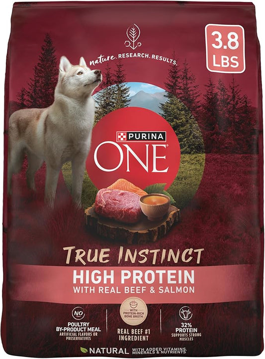 Purina ONE Natural High Protein Dry Dog Food Dry True Instinct with Real Beef and Salmon With Bone Broth and Added Vitamins, Minerals and Nutrients - (Pack of 4) 3.8 lb. Bags - PAWPICO