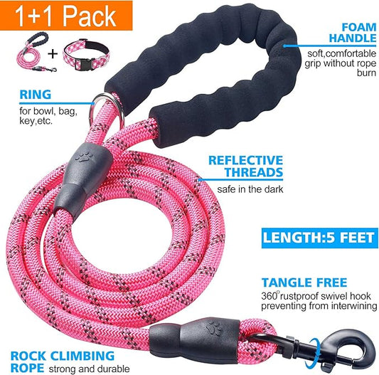 Reflective Dog Collar Padded with Soft Neoprene Breathable Adjustable Nylon Dog Collars for Small Medium Large Dogs (Medium (Pack of 1), Pink Plaid Collar+Leash) ladoogo