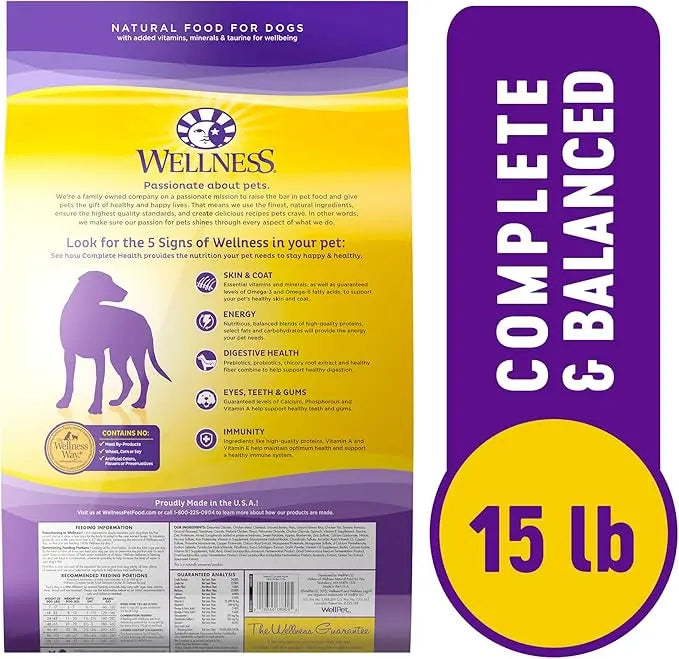 Wellness Complete Health Dry Dog Food with Grains, Natural Ingredients, Made in USA with Real Meat, All Breeds, For Adult Dogs (Chicken & Oatmeal, 15-Pound Bag) - PAWPICO