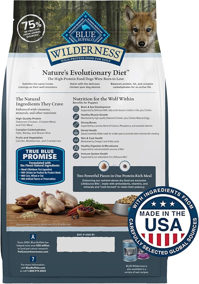 Blue Buffalo Wilderness High-Protein Natural Dry Food for Puppies, Chicken Recipe, 24-lb. Bag - PAWPICO