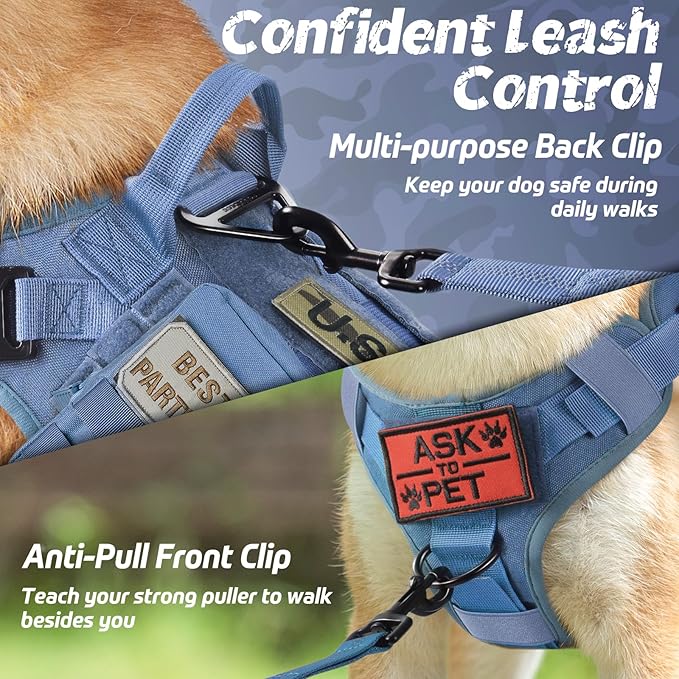 rabbitgoo Tactical Dog Harness for Large, Heavy Duty Pet Harness with Handle, No-Pull Service Vest Large Breed, Adjustable Military Dog Vest for Training Hunting Walking, Blue, L rabbitgoo