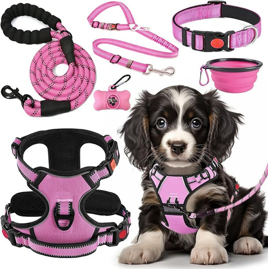 No Pull Dog Harness, Collar & Leash Set | Includes Dog Seat Belt, Collapsible Bowls & Poop Bag Dispenser. Ideal for Training, Walking, Hiking. Fits Small to Large Dogs(Pink-M) Lovebegetslove