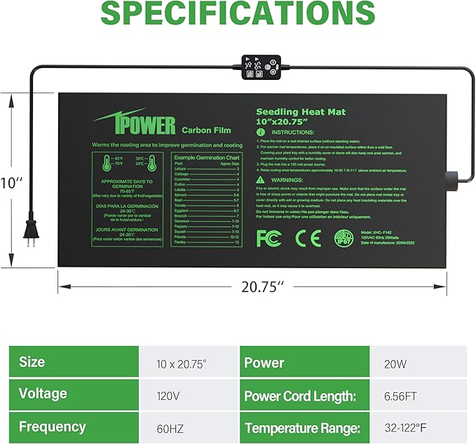 iPower Seedling Heat Mat for Plants with Dual Digital Temperature Controller, 10" x 20.75", Black iPower