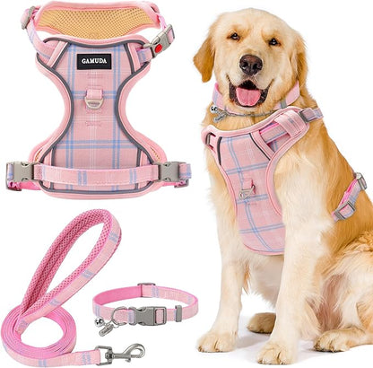 GAMUDA Dog Harness Collar and Leash Set, Dog Harness, No Chock No Pull Adjustable Vest Harnesses Plaid Reflective for Medium Dog, Cat, Small Horse, Small Bull and Pig (Pink, M) GAMUDACollarsCollection