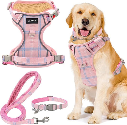 GAMUDA Dog Harness Collar and Leash Set, Dog Harness, No Chock No Pull Adjustable Vest Harnesses Plaid Reflective for Medium Dog, Cat, Small Horse, Small Bull and Pig (Pink, M) GAMUDACollarsCollection