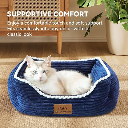 Cat Dog Bed for Pets, Rectangle Pet Bed Gift for Puppy and Kitten, Machine Washable Calming Fluffy Pet Couch Sofa for Indoor Outdoor, Portable Soft Cat Bed with Non-Slip Bottom (Small, Blue) - PAWPICO