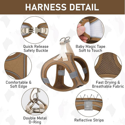 GAMUDA Small Pet Harness Collar and Leash Set, Step in No Chock No Pull Linen Fabric Soft Mesh Dog Vest Harnesses Reflective for Dogs Puppy Cats Kitten Rabbit (Brown, L) GAMUDACollarsCollection