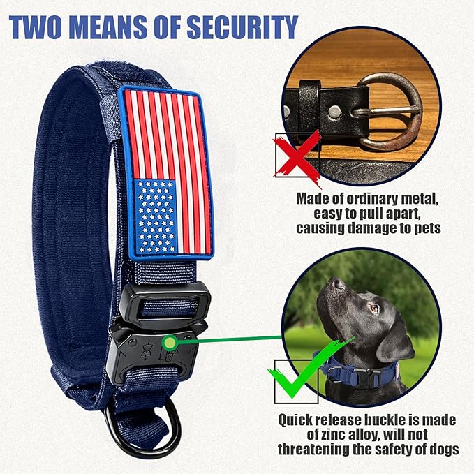 Tactical Dog Collar Military Dog Collar Adjustable Nylon Dog Collar Heavy Duty Metal Buckle with Handle for Dog Training,with Patches (Blue, L) Celifelight