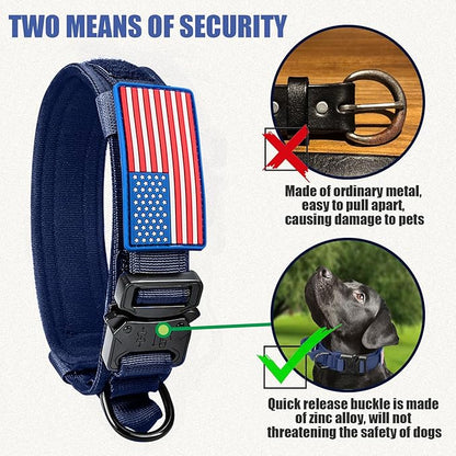 Tactical Dog Collar Military Dog Collar Adjustable Nylon Dog Collar Heavy Duty Metal Buckle with Handle for Dog Training,with Patches (Blue, L) Celifelight