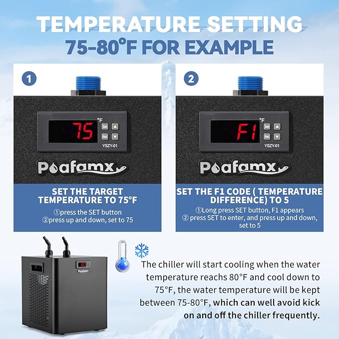 Poafamx Aquarium Chiller 79Gal 1/3 HP Water Chiller for Hydroponics System Home Use Axolotl Fish Coral Shrimp 110V with Pump and Pipe Black Poafamx