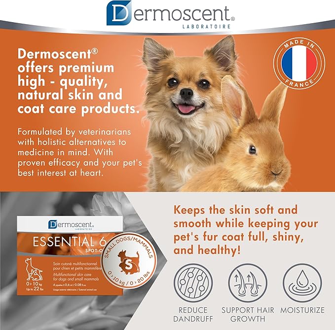 Dermoscent Essential 6 spot-on - Dog Skin Care for Dandruff & Allergy Relief with Vitamin E Oil - Anti Itch for Dogs - Dog & Small Mammals 0-10 kg - 4 Pipettes of 0.6 ml Dermoscent