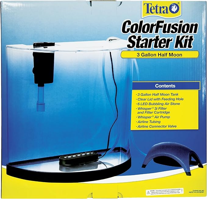 Tetra 3 Gallon Small Fish Tank, Aquarium Starter Kit, with Filter, Air pump, & Color Changing Light, Half Moon shape, for Gold Fish & Betta Tetra