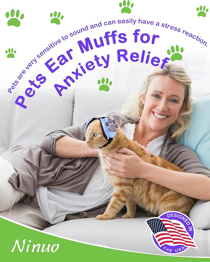 Calming Earmuffs for Cats and Small Dogs - for Anxiety Relief - Noise Canceling for Fireworks, Thunderstorms, Pet Grooming & Force Drying - Dog Ear Muffs Noise Protection (Blue, Medium) Ninuo