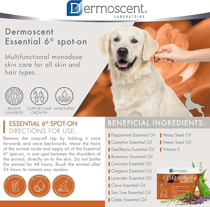 Dermoscent Essential 6 spot-on - Dog Skin Care for Dandruff & Allergy Relief with Vitamin E Oil - Anti Itch for Dogs - Natural Ingredients for Sensitive Skin - Dogs 20-40 kg - 4 Pipettes of 2.4 ml Dermoscent
