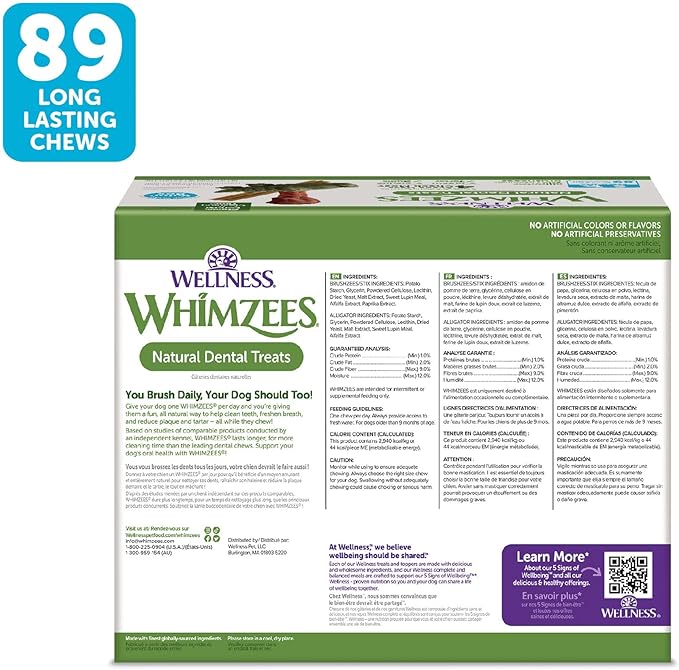WHIMZEES by Wellness Value Box Natural Dental Chews for Dogs, Long Lasting Treats, Grain-Free, Freshens Breath, Small Breed, 89 count - PAWPICO