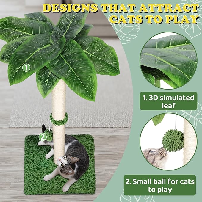 Cat Scratch Post for Indoor Cats Adults,33.5” H Sisal Scratching Post for Kitten & Large Cat, Cat Scratch Post with Spring Ball,Green - PAWPICO