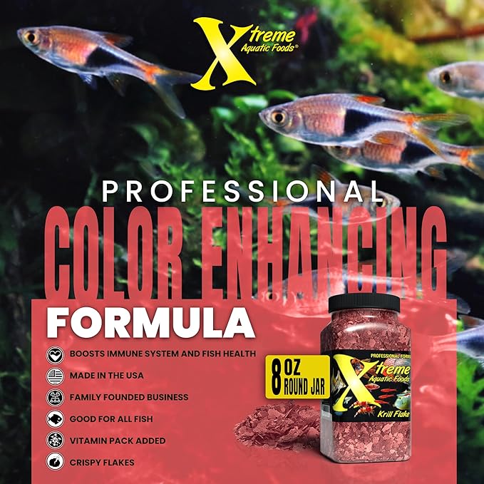 Xtreme Krill Flakes - Premium Max Protein Freshwater Fish Food with 100% Krill and Shrimp, & Vitamins for Optimal Immune and Digestive Health, Boosts Color & Energy – USA Farm Grown (8oz) XtremeAquaticFoods