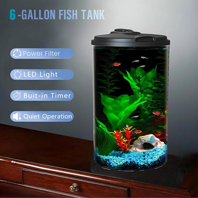 Koller Products Plastic 6-Gallon AquaView 360 Aquarium Kit for Tropical Fish, Betta Fish with LED Lighting and Power Filter Clear, 4-Piece Set DISCOVERTHEEXCITINGWORLDOFKEEPINGTROPICALFISH
