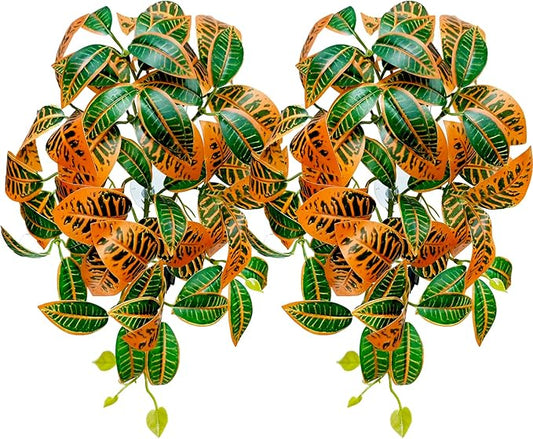 Woyrise 2 Pack Reptile Plants, Terrarium Hanging Plant Vines, Artificial Leaves with Suction Cup, Bearded Dragon Tank Accessories for Gecko Lizard Snake Frog Tortoise Decorations - Codiaeum Variegatum Woyrise
