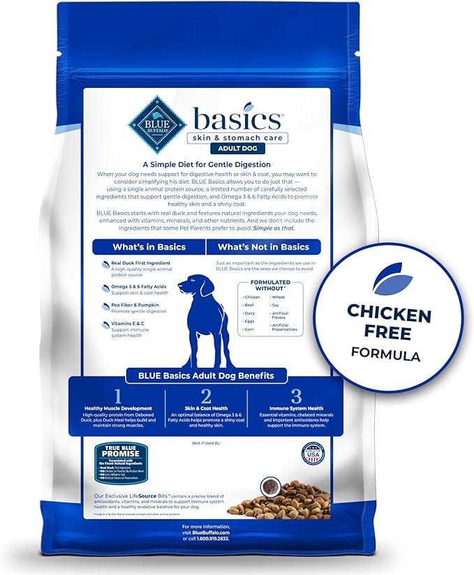 Blue Buffalo Basics Grain-Free Dry Dog Food for Adult Dogs, Limited Ingredient Diet, Duck Recipe, 22-lb. Bag - PAWPICO