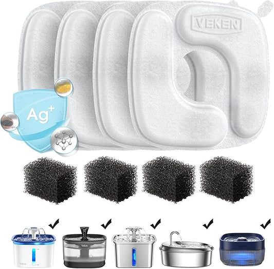 Veken Cat Water Fountain Filters, 4 Pack Replacement Filters & 4 Pack Replacement Pre-Filter Sponges Set for 67oz, 95oz, 135oz Automatic Pet Fountain Dog Water Dispenser - PAWPICO